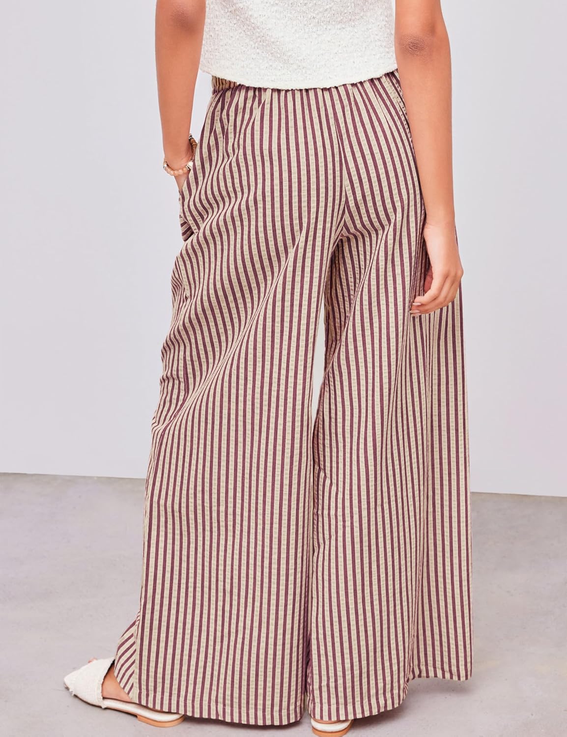 Yeokou Women's Wide Leg Pants Drawstring Striped Cotton Mid Rise Casual Long Palazzo Trousers with Pockets - Image 4