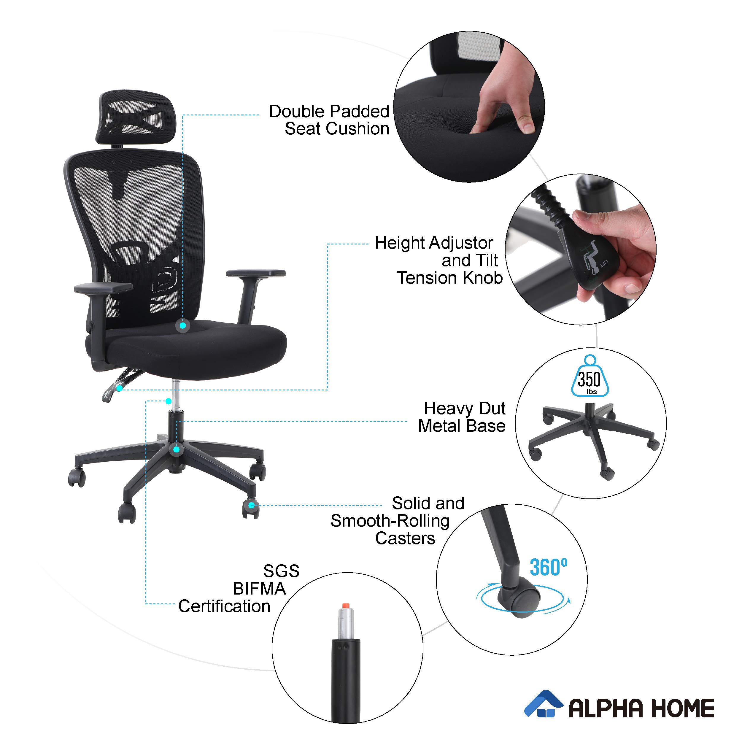 ALPHA HOME Office Chair Ergonomic Home Desk Chair High Back Mesh Task