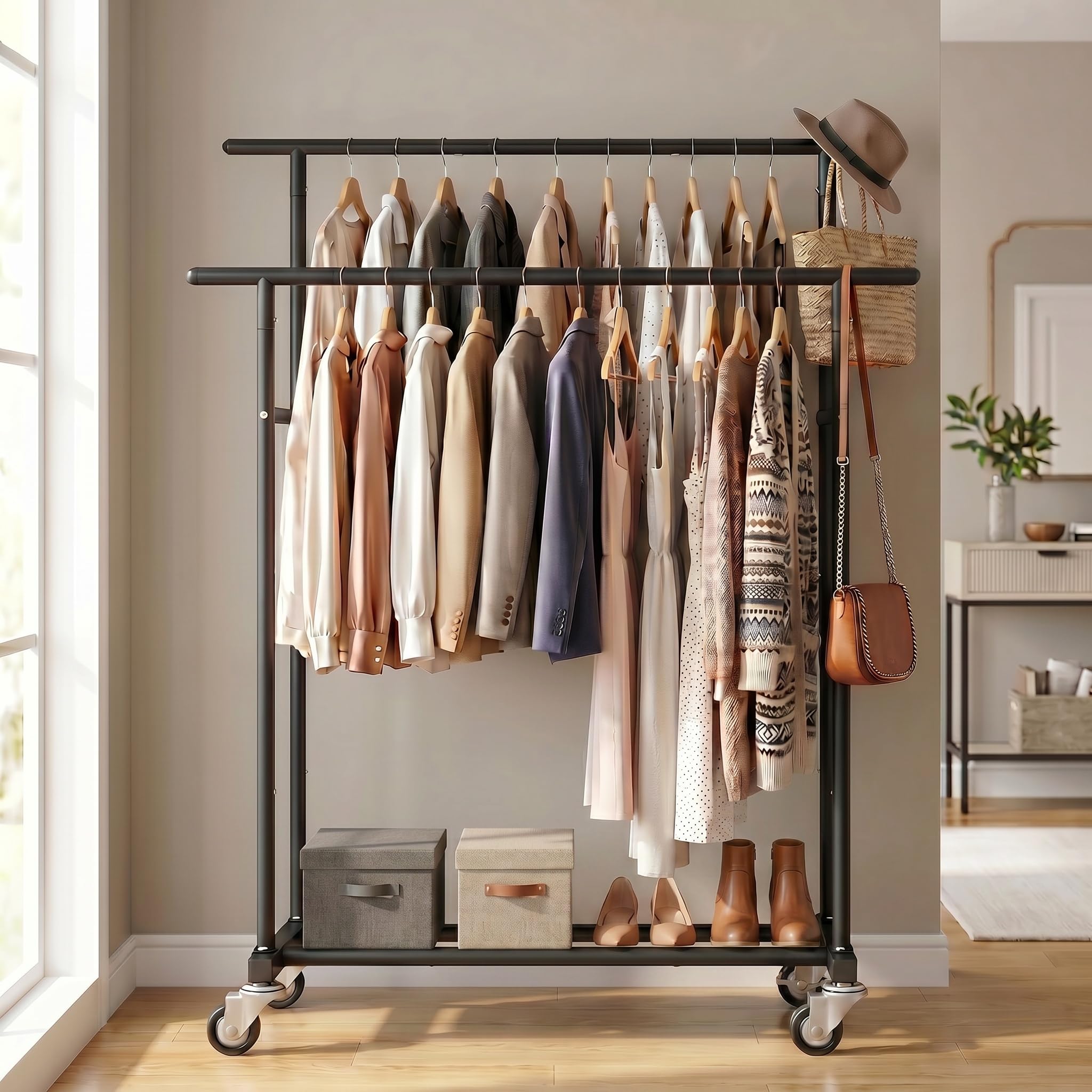Calmootey Portant à vêtements à double tringle, porte-vêtements à roulettes, organiseur de vêtements portable pour chambre à coucher, salon, magasin de vêtements, noir | Tiges haute-basse, deux roues verrouillables, cadre en métal robuste, gain de place,