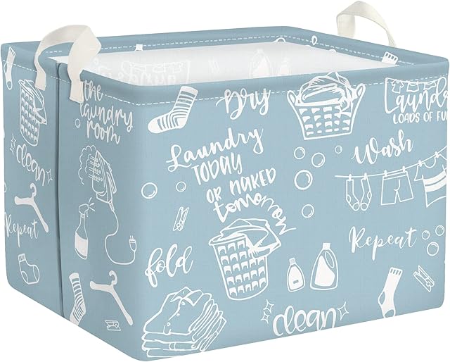 Clastyle Simple Blue Fun Words Laundry Hamper Waterproof Rectangular Storage Basket for Toys Clothes Bedroom, 15.7x11.8x11.8 in