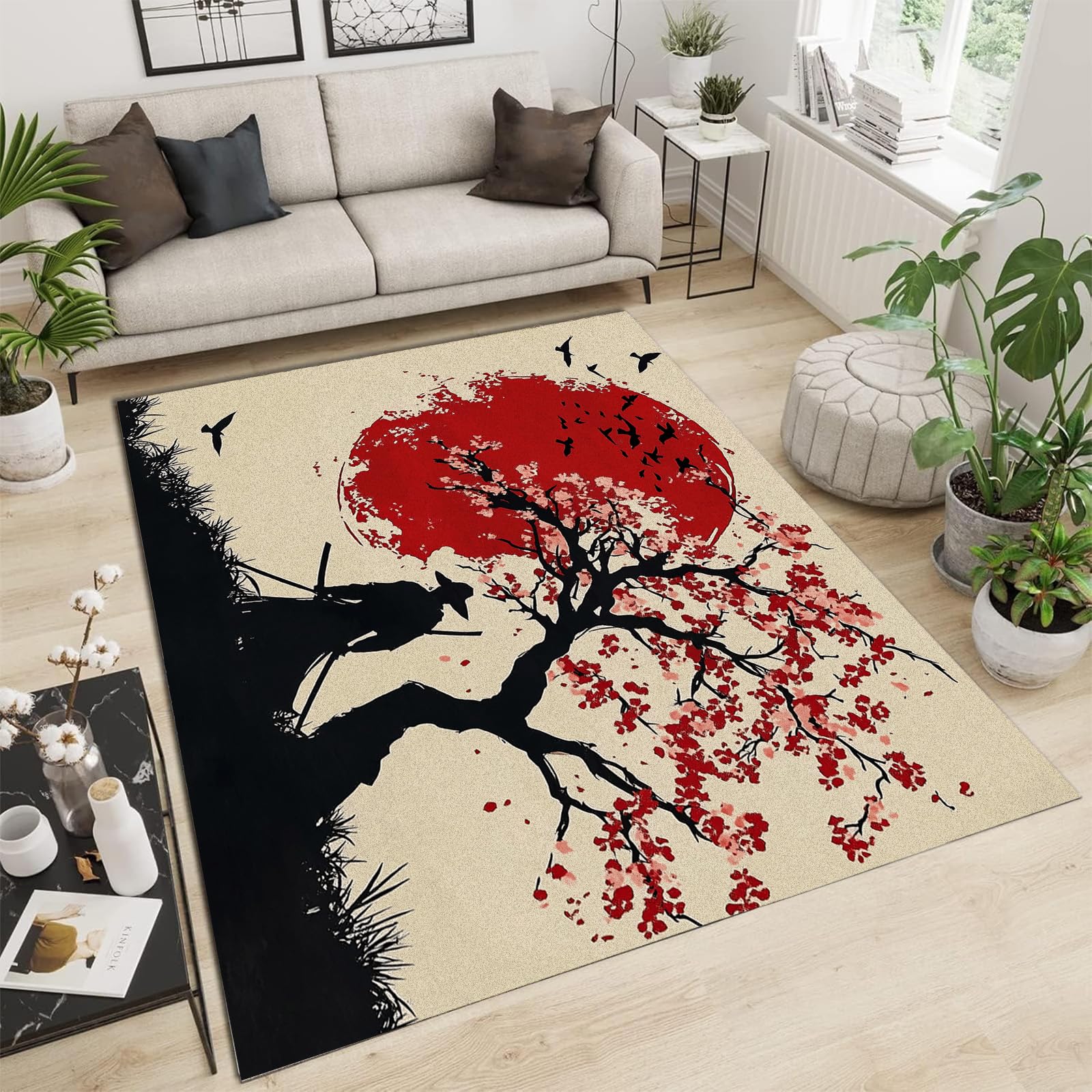 Tapis de salon moderne Sakura samouraï, grand tapis de chambre fin