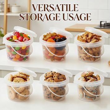 NUOBESTY 10 PCS Food Storage Containers, 10oz Mini Clear Plastic Buckets with Lids and Handles, Airtight Small Storage Pails for Kitchen Organization, Snack, Candy, Yogurt and Pantry Fridge Bins