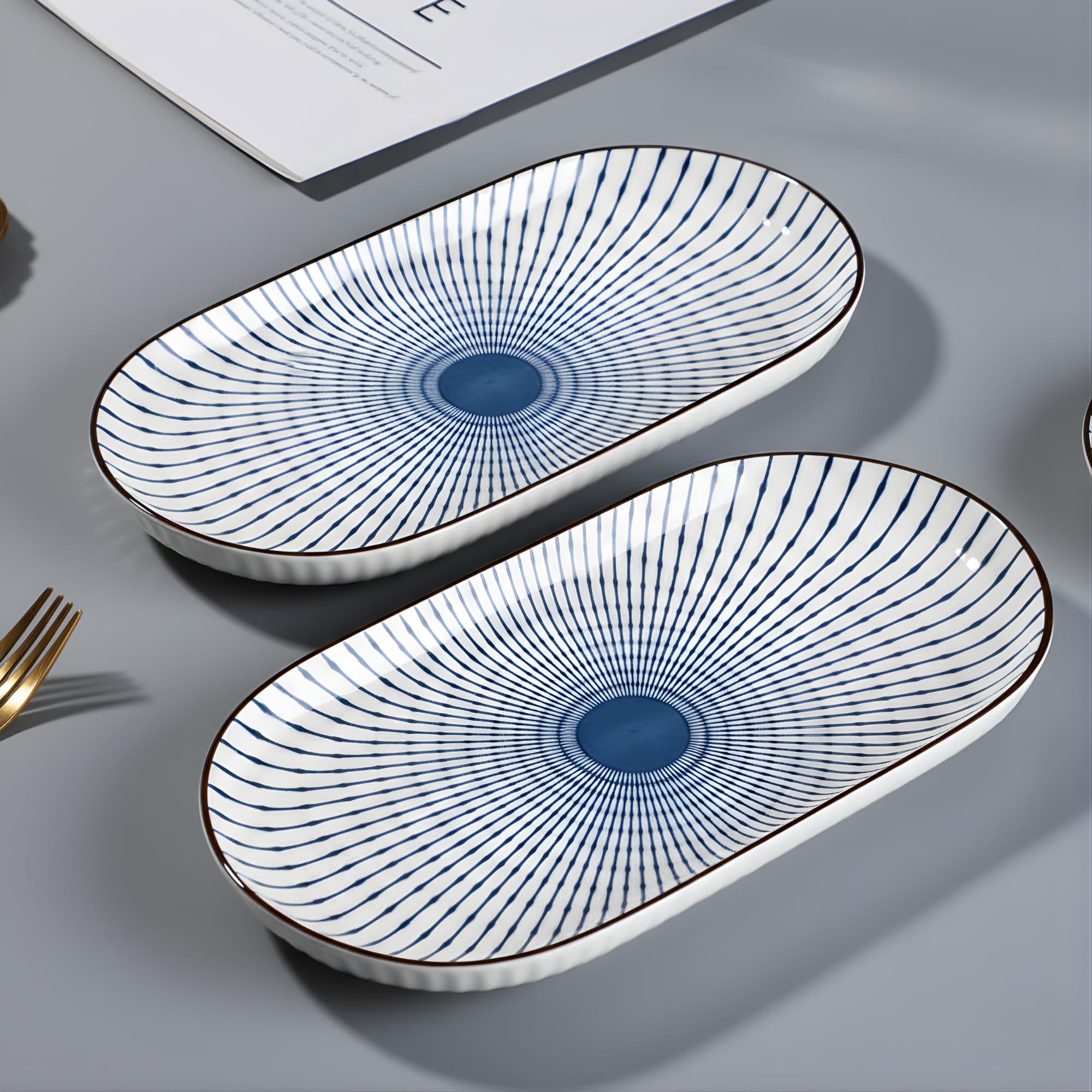 Japanese Style 12-Inch Ceramic Fish Plate – Spring Pattern Sushi Serving Platter, 30x15cm Porcelain Dish for Seafood, Appetizers & Snacks (2 Piece)-image-33