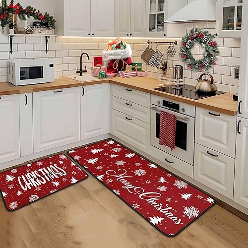 Miniatura 7 de Juego de 2 alfombras y tapetes de cocina de Navidad, decoraciones navideñas para el hogar, parte trasera antideslizante, tapete de cocina de