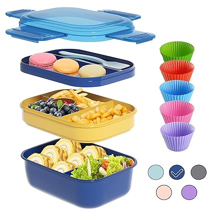 Cocomeiwei Lunch Box Kids, Bento Box Adult Lunch Box for Men Women with 5 Silicone Muffin Cups, Leak-proof Bento Lunch Box Containers 3 Tiers 50oz, 6 Compartments Large Capacity Blue