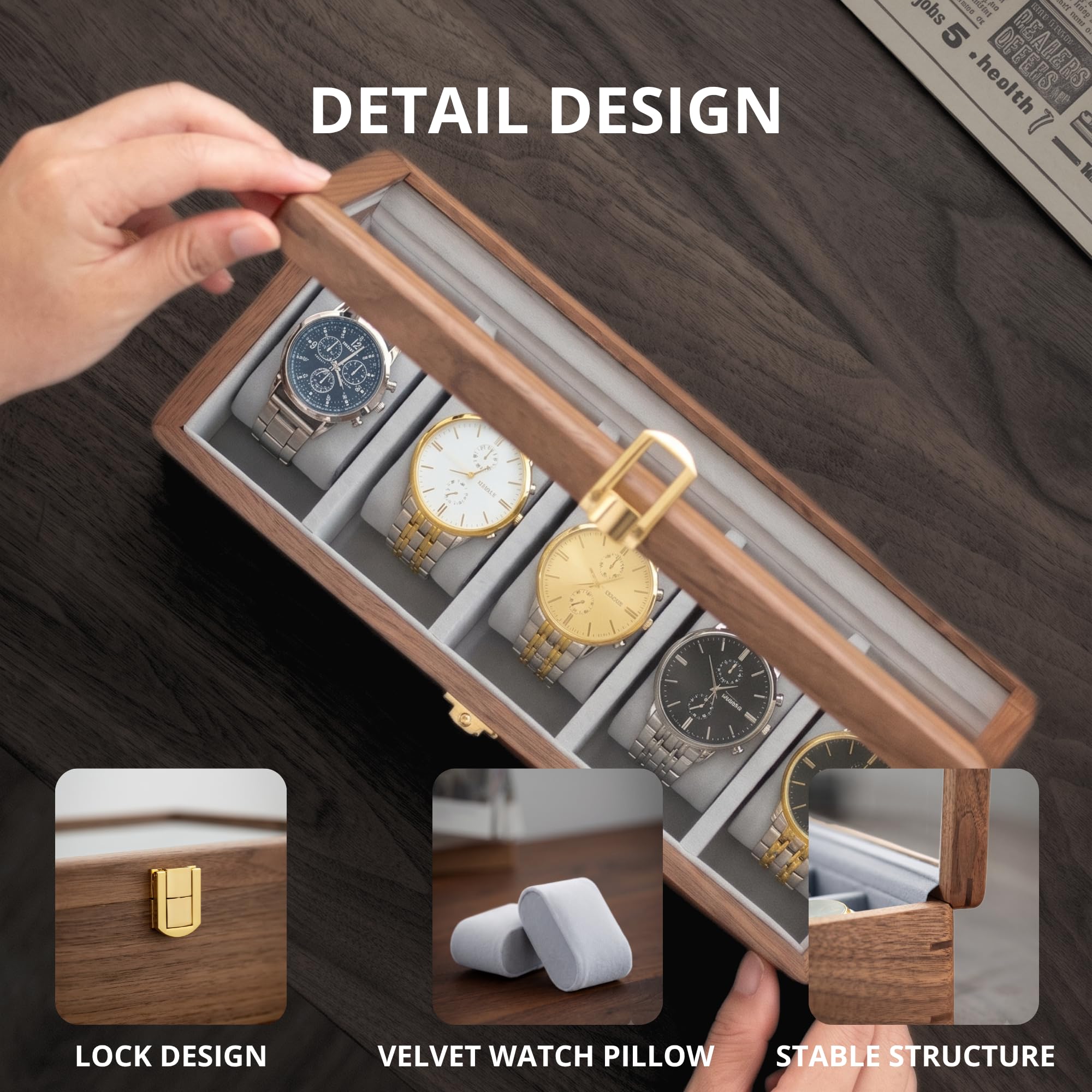 muso wood Boîte à montres en noyer 5 emplacements avec couvercle en verre pour homme | Présentoir de rangement de montres de qualité supérieure, cadeau parfait pour les hommes