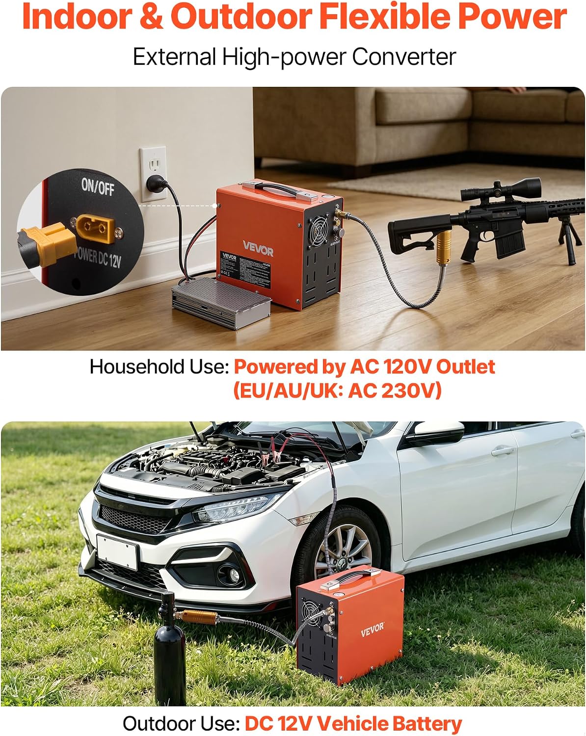 VEVOR PCP Air Compressor 4500PSI PCP Airgun Compressor & External Converter, Manual Stop 350W DC12V/AC120V Portable Paintball Tank Compressors for Air Rifle, Scuba Diving Bottle