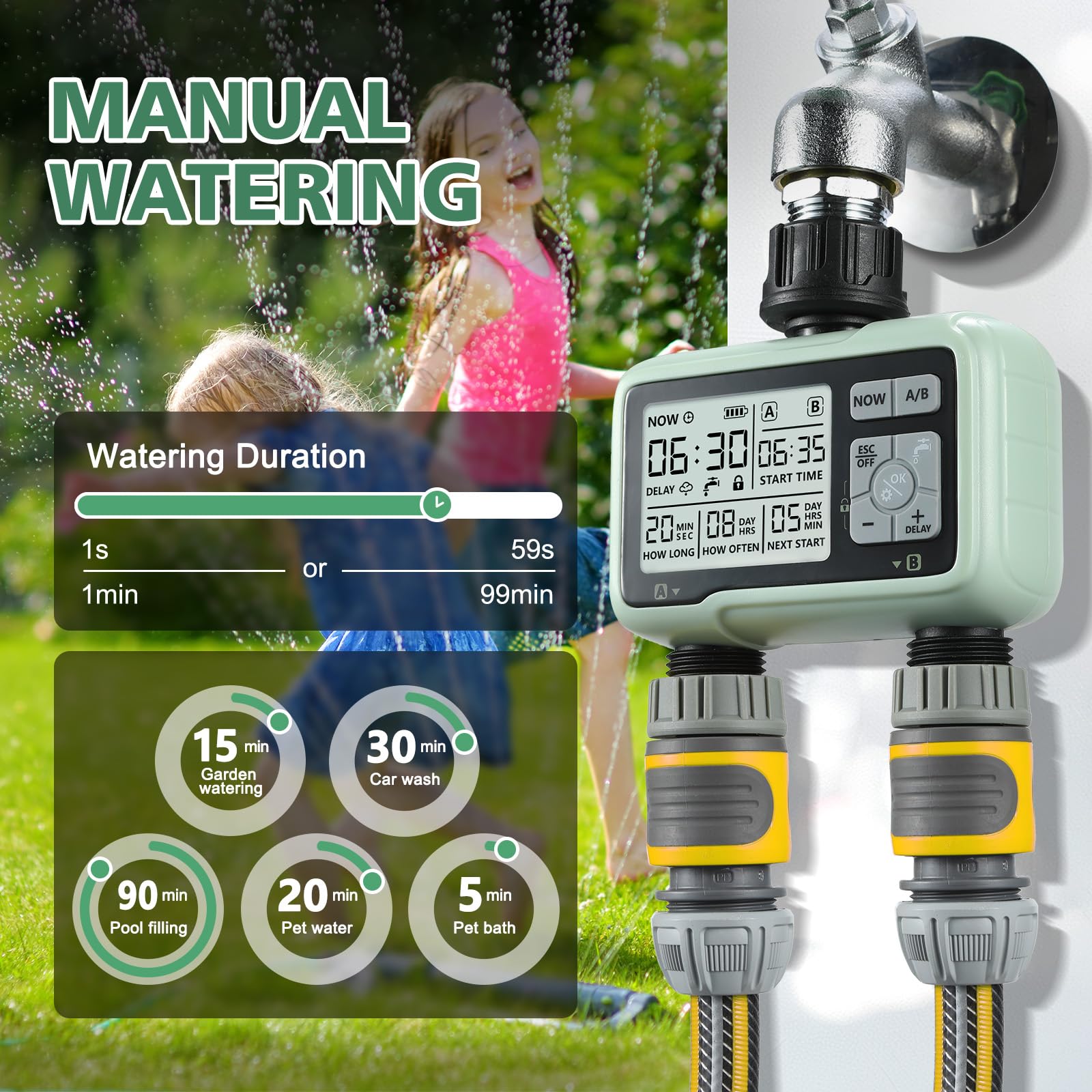 SOGUYI Bewässerungscomputer Garten Wasser Zeitschaltuhr mit Automatische/Manuell Bewässerungssystem, Einfache und Schnelle Programmierung Bewässerungsuhr, Großes LCD-Display Bewässerungssteuerung