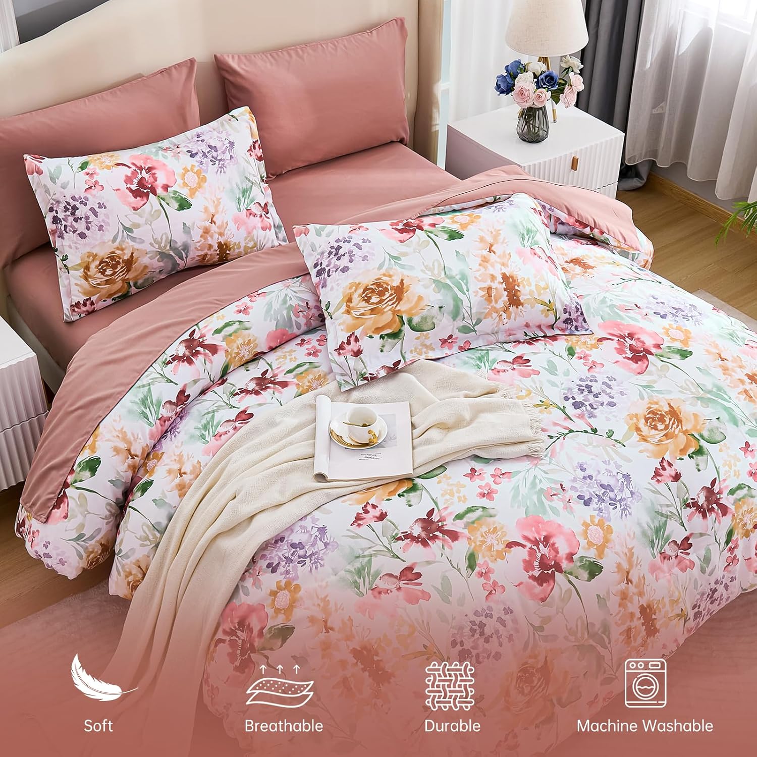 Luxudecor Floral Comforter Set Queen Size 7 Pieces Bed in a Bag, Dusty Rose Pink Flower Watercolor Bed Set, Soft Comforter with Sheet Set 90"x90" - Image 4