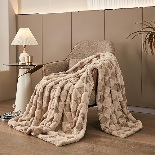 Miniatura 2 de Manta de piel sintética de conejo de lujo, color caqui, de 60 x 80 pulgadas, manta sherpa reversible de felpa suave, manta gruesa para cama, cómoda