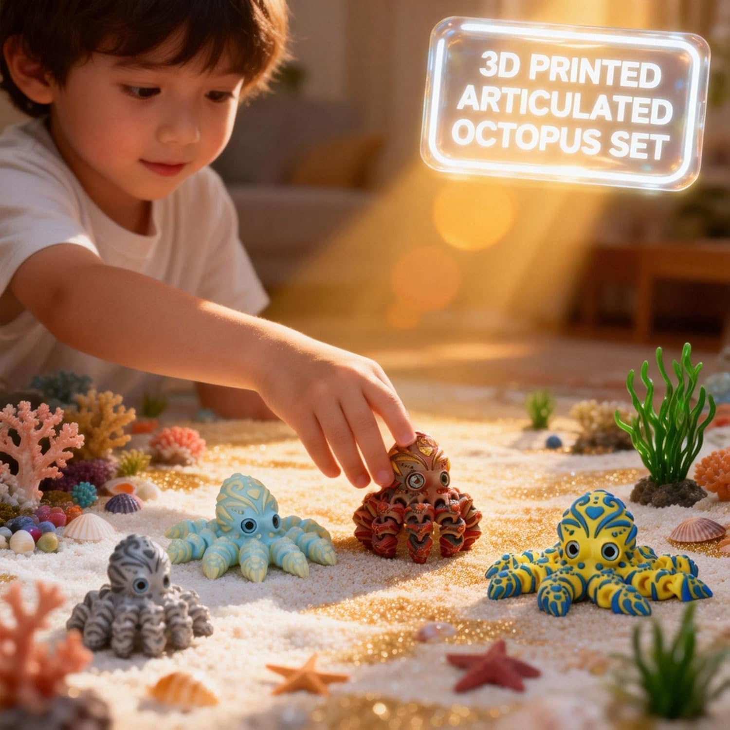 4Pcs 4in 3D Printed Octopus Set, Articulated Flexible Octopus Fidget Toy, 3D Printed Animals Desk Pets for Office, Sensory Stress Relief Sea Creature Toys for Kids & Adults, Easter Basket Essentials