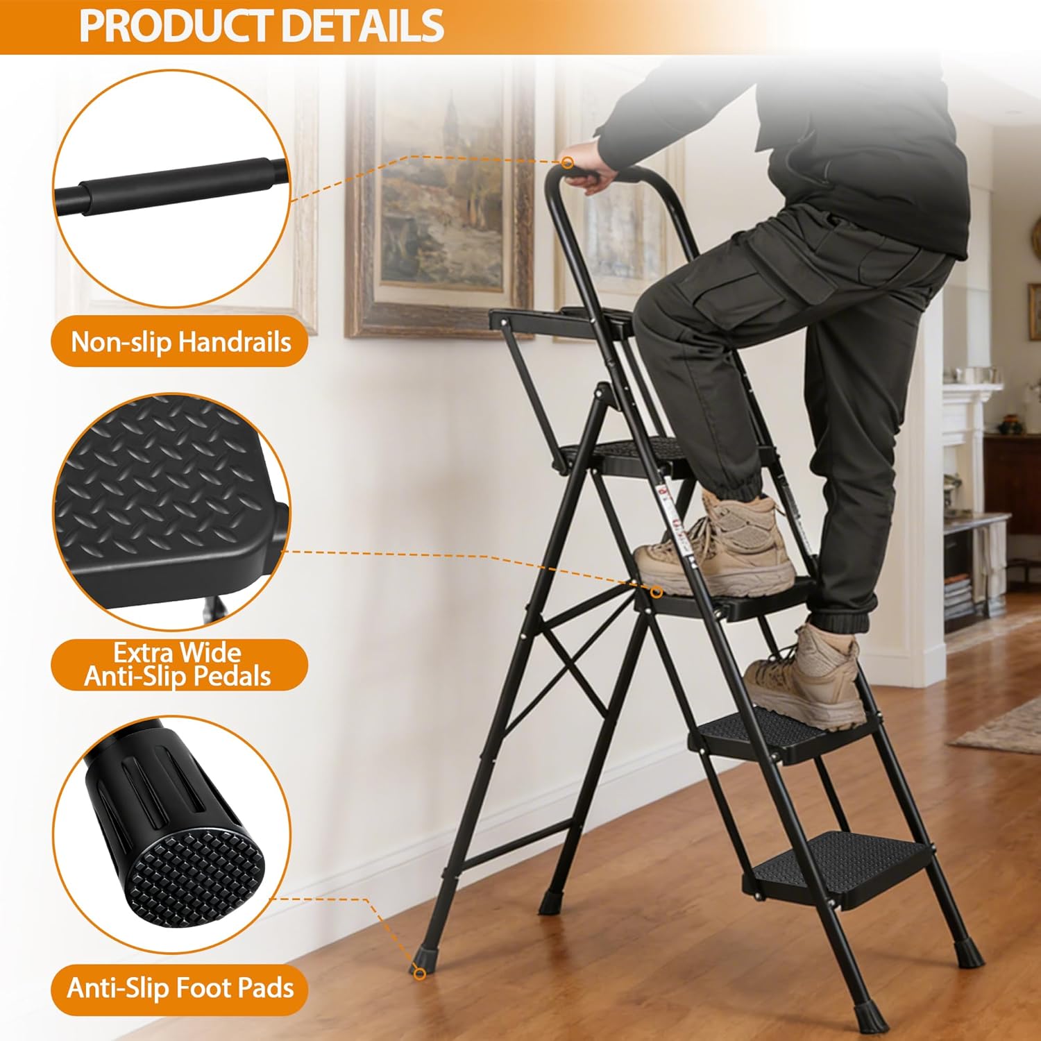 4 Step Ladder with Tool Tray, Folding Step Stool with Wide Anti-Slip Pedal and Handgrip, Heavy Duty Steel Step Ladder for Home Kitchen Office Shop, 330 lbs Load Capacity, Black