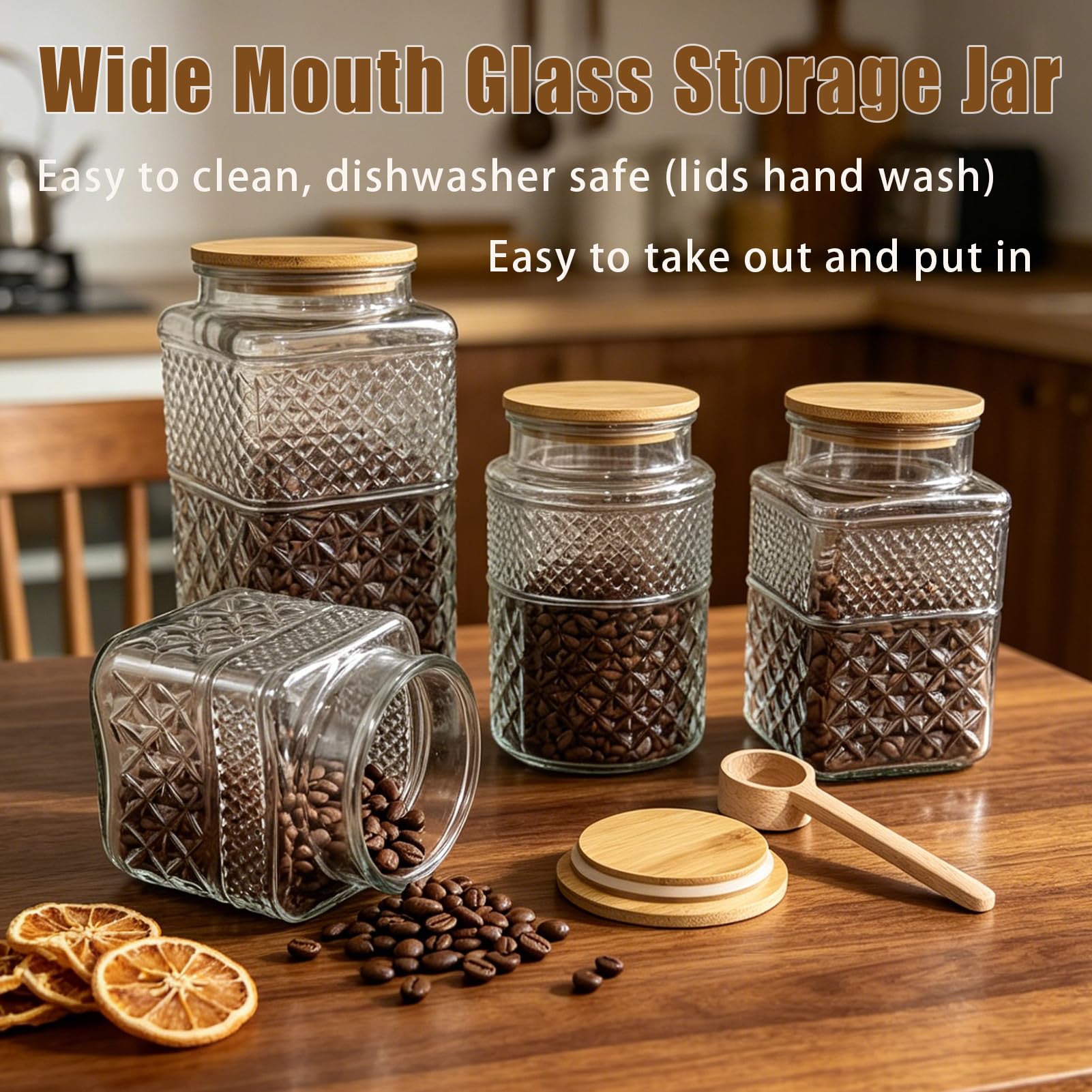 Vintage-Glasdose mit Deckel, Holzlöffel, 2 Stück, dekorative Glas-Vorratsdosen, luftdichte Deckel, transparenter Behälter für Lebensmittel, Süßigkeiten, Kekse, Zucker, Kaffee, Bohnen, Tee, Nüsse