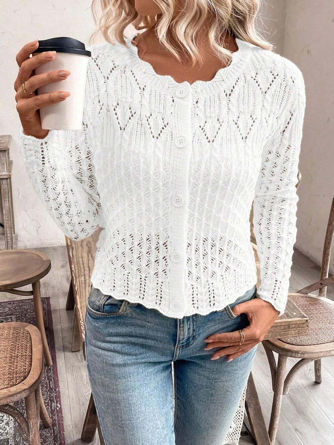 Urchics Knit Cardigan Sweaters for Women Crewneck Cropped Sweater Long Sleeve Front Button Fall Tops - Image 5