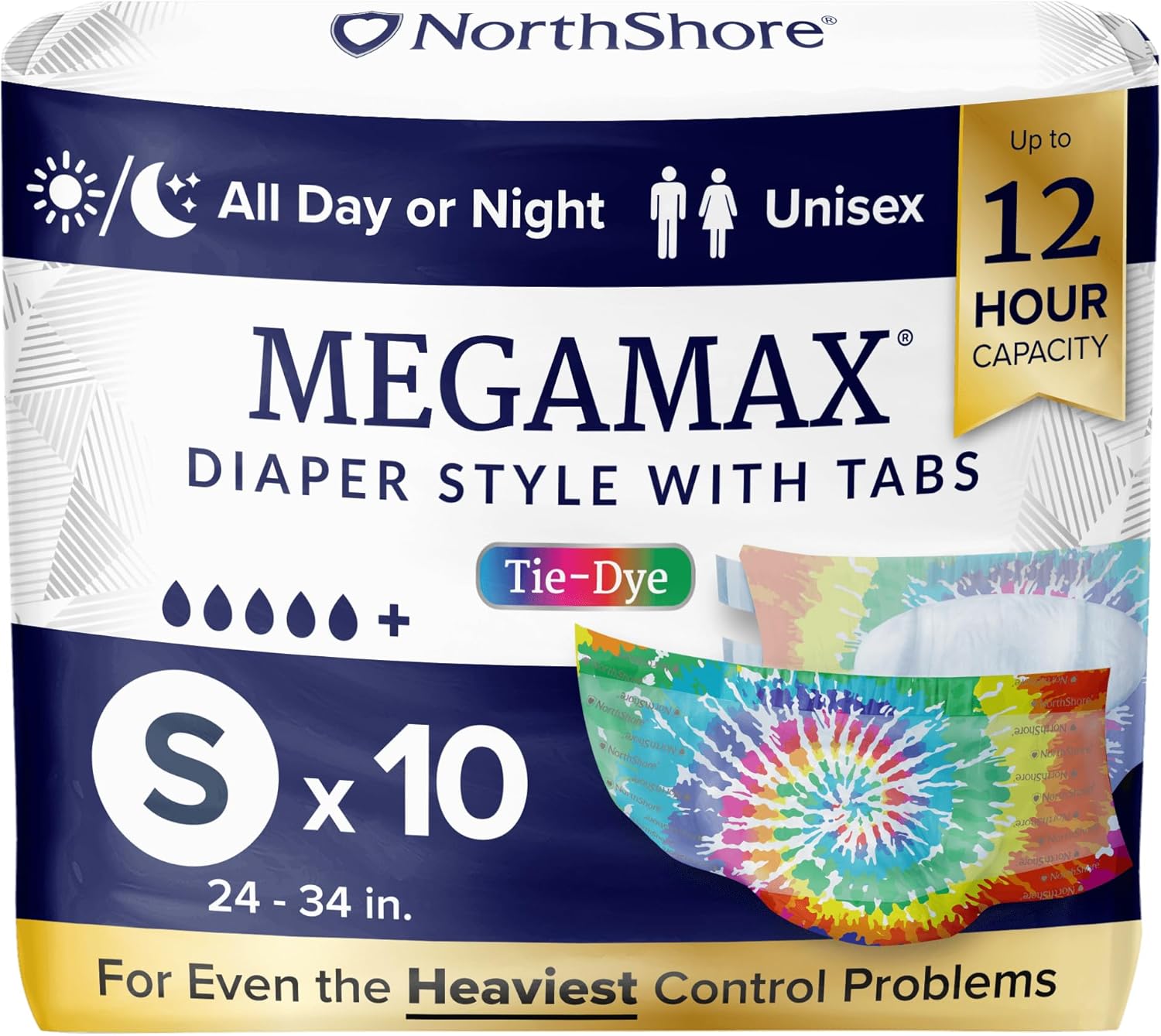 NorthShore MegaMax Adult Overnight Diapers, 12-Hour Tab-Style, Small, 10 Count Bag, Tie-Dye, 24-34 inches, Unisex Incontinence Underwear