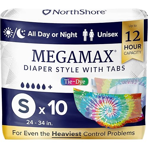 NorthShore MegaMax Adult Overnight Diapers, 12-Hour Tab-Style, Small, 10 Count Bag, Tie-Dye, 24-34 inches, Unisex Incontinence Underwear