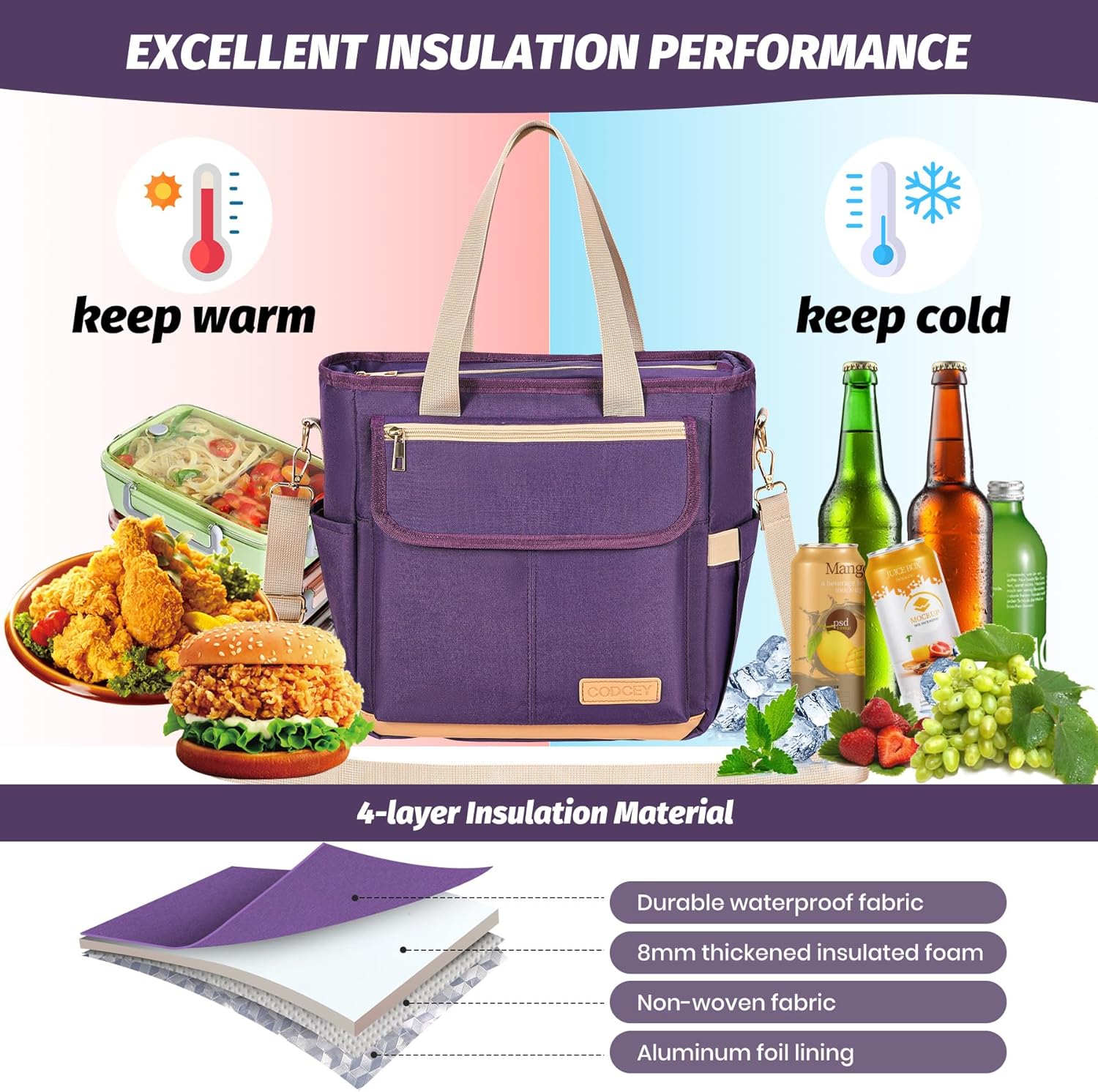Lunch Box Lunch Bag Women, Leakproof Insulated Lunch Cooler Bag for Women, Large Lunch Tote Bags Adults(Purple,16.2L) - Image 4