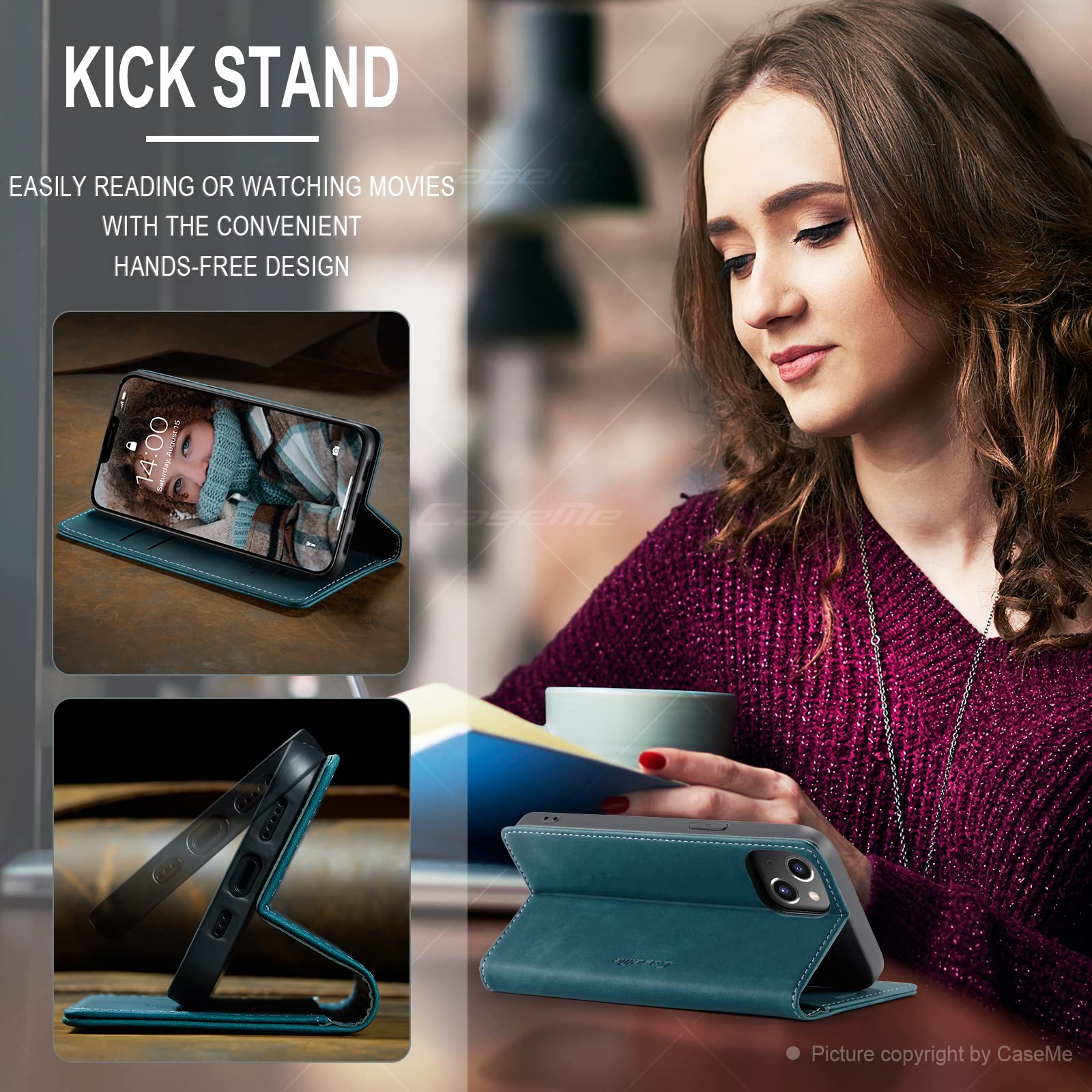 Azororo Cover per iPhone 14 5G, Premium PU Pelle Custodia, Magnetica Carta Fessura Portafoglio Case, Flip Cavalletto Custodia per iPhone 14 - Blu verde