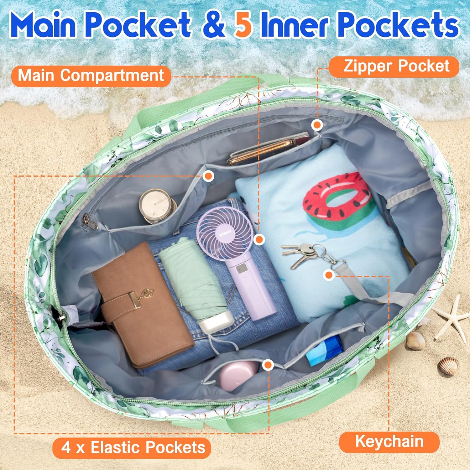 BKNOOU Extra Large Beach Bags Waterproof Sandproof XL Beach Tote Bag for Women Zipper Foldable Swim Pool Bag with Wet Pocket - Image 5