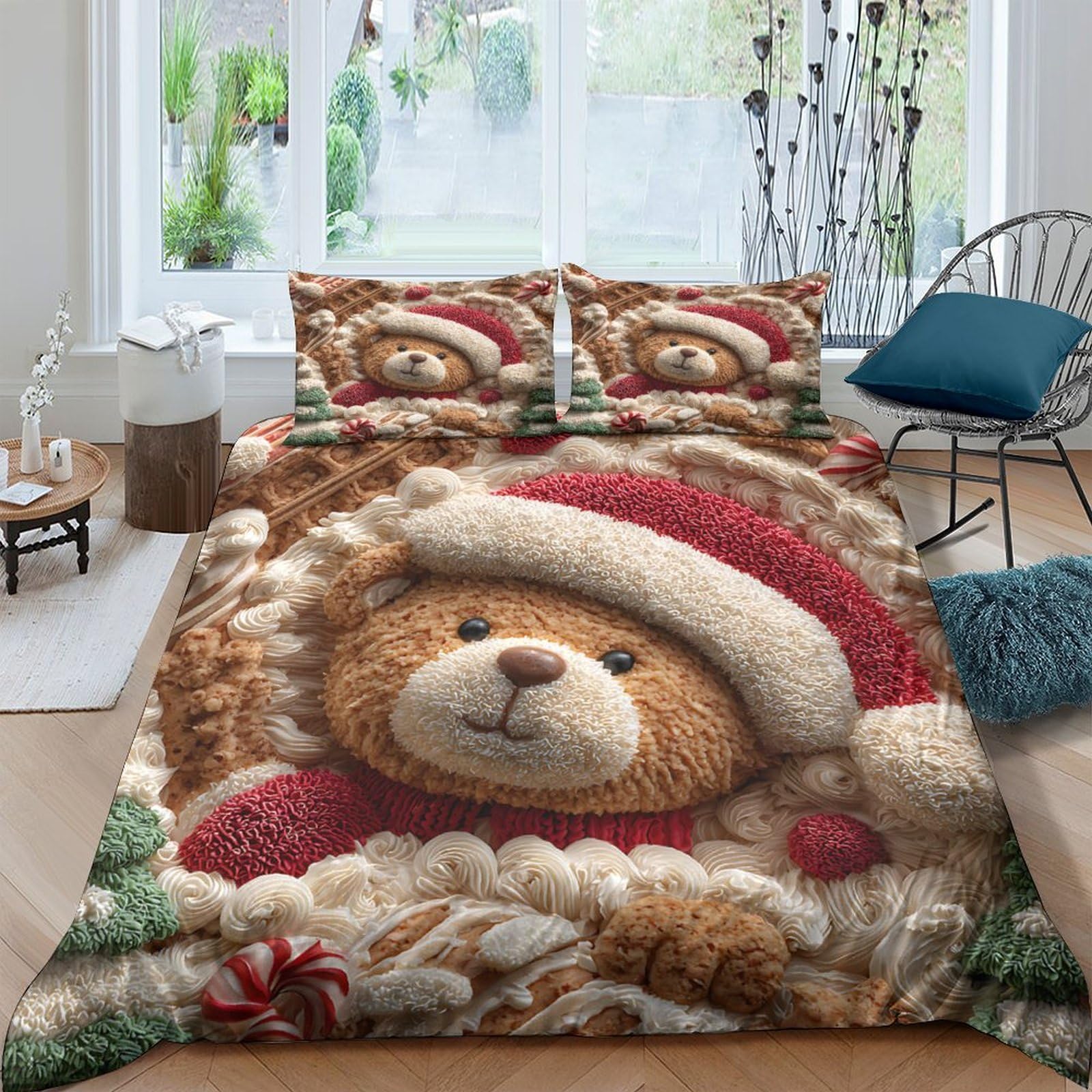 Ctjqhvkz Style-2 3D Printed Christmas Teddy Bear Fitted Sheet Microfiber Soft Bed Cover For Bedroom Guest Room Holiday Decor Single（135X200cm）