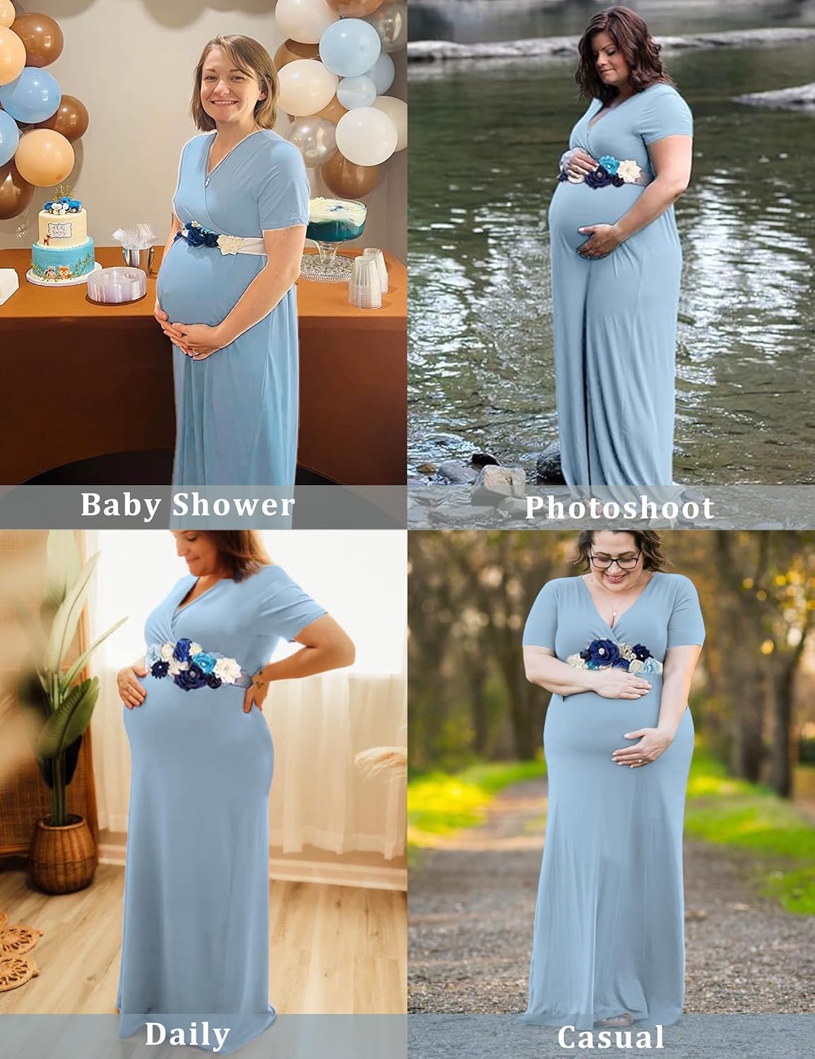 KIM S Maternity Maxi Dress with Flower Sash(S-3XL)/Wrapped Ruched V Neck Photoshoot Baby Shower Dresses - Image 3