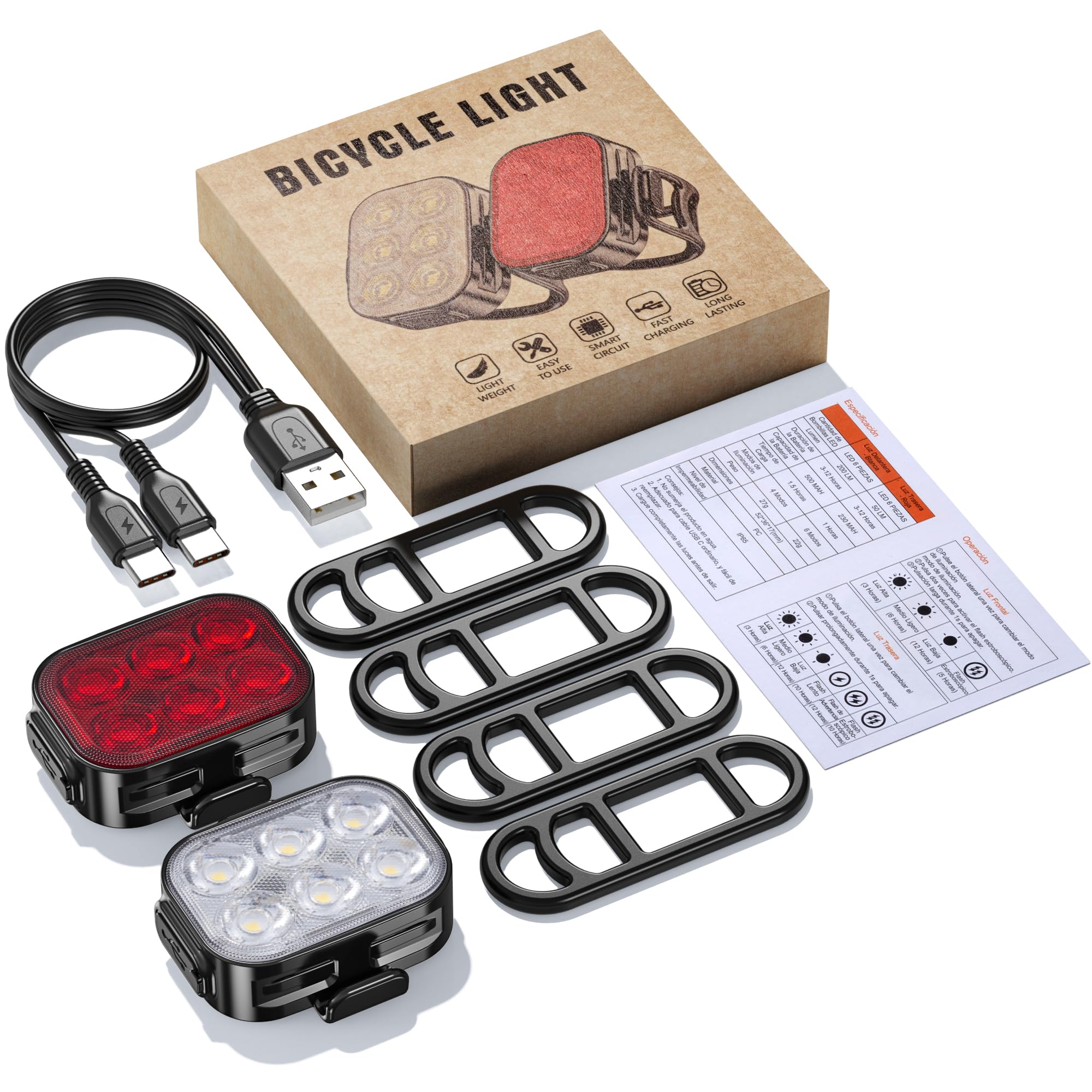 Luci Bicicletta Kit, Combinazione di Luci Anteriori e Posteriori de Bicicletta, Ricarica USB Impermeabile IP65, Luci di Sicurezza LED in Modalità 4+6, Adatto per Varie Bici da Strada e Mountain Bici.