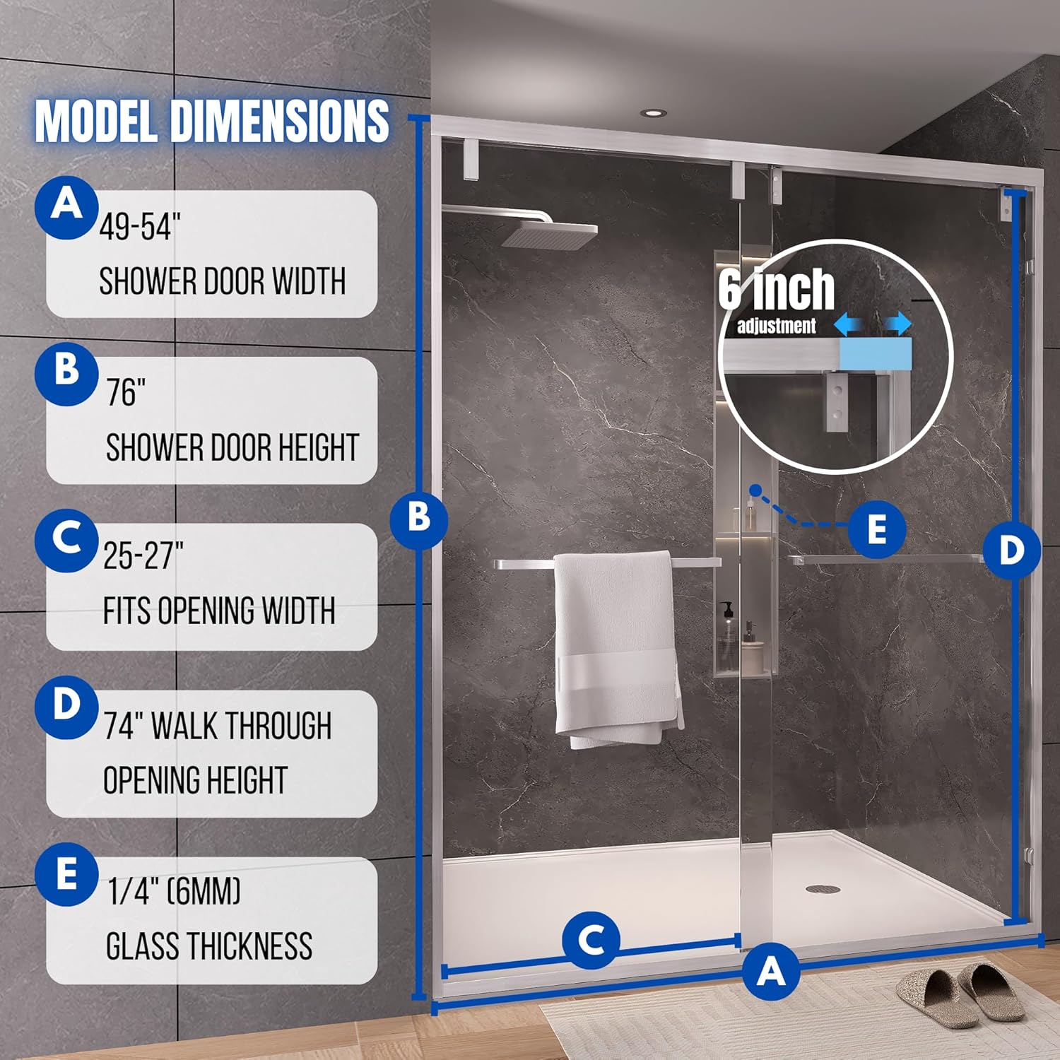 49-54" W x 76" H Semi-Frameless Double Sliding Shower Door, 1/4" (6mm) SGCC Tempered Clear Glass with Easy-Clean Coating, Bypass Glass Shower Doors, Brushed Nickel