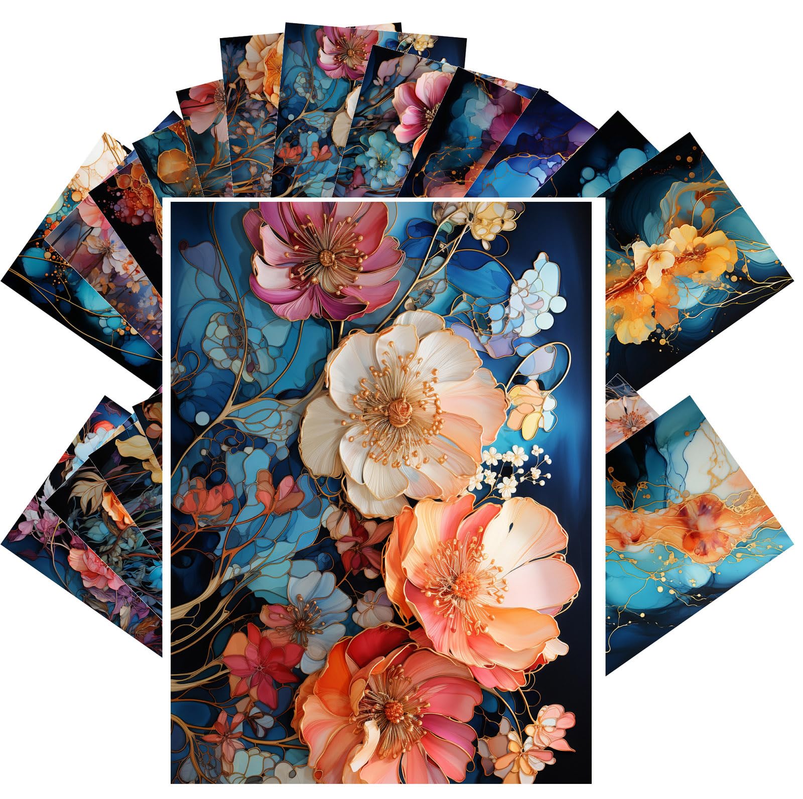 PIXILUV Vintage Postcards (24 pcs 4"x6" each) Beautiful Bright Flowers Outlined with Gold Details Vintage Postcards Retro Greeting Card Book