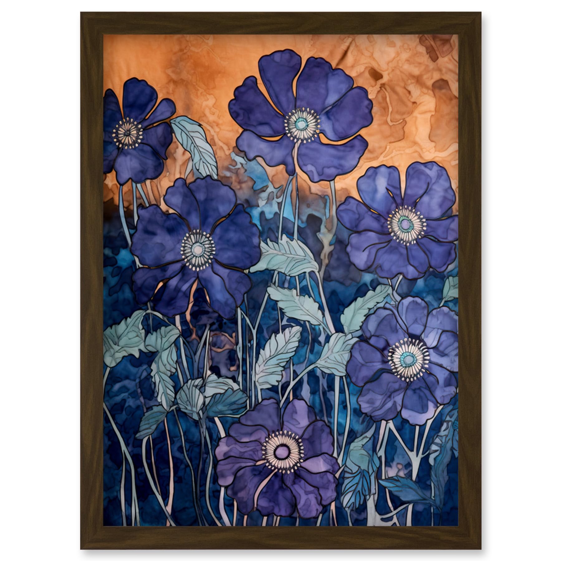 Artery8 Anemone Flower Blue and Amber Watercolour Painting Artwork Framed Wall Art Print A4