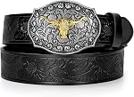 Western Leather Buckle Belt for Men Women Cowboy Cowgirl Longhorn Bull Pattern Floral Engraved Buckle Belt Gifts JASGOOD