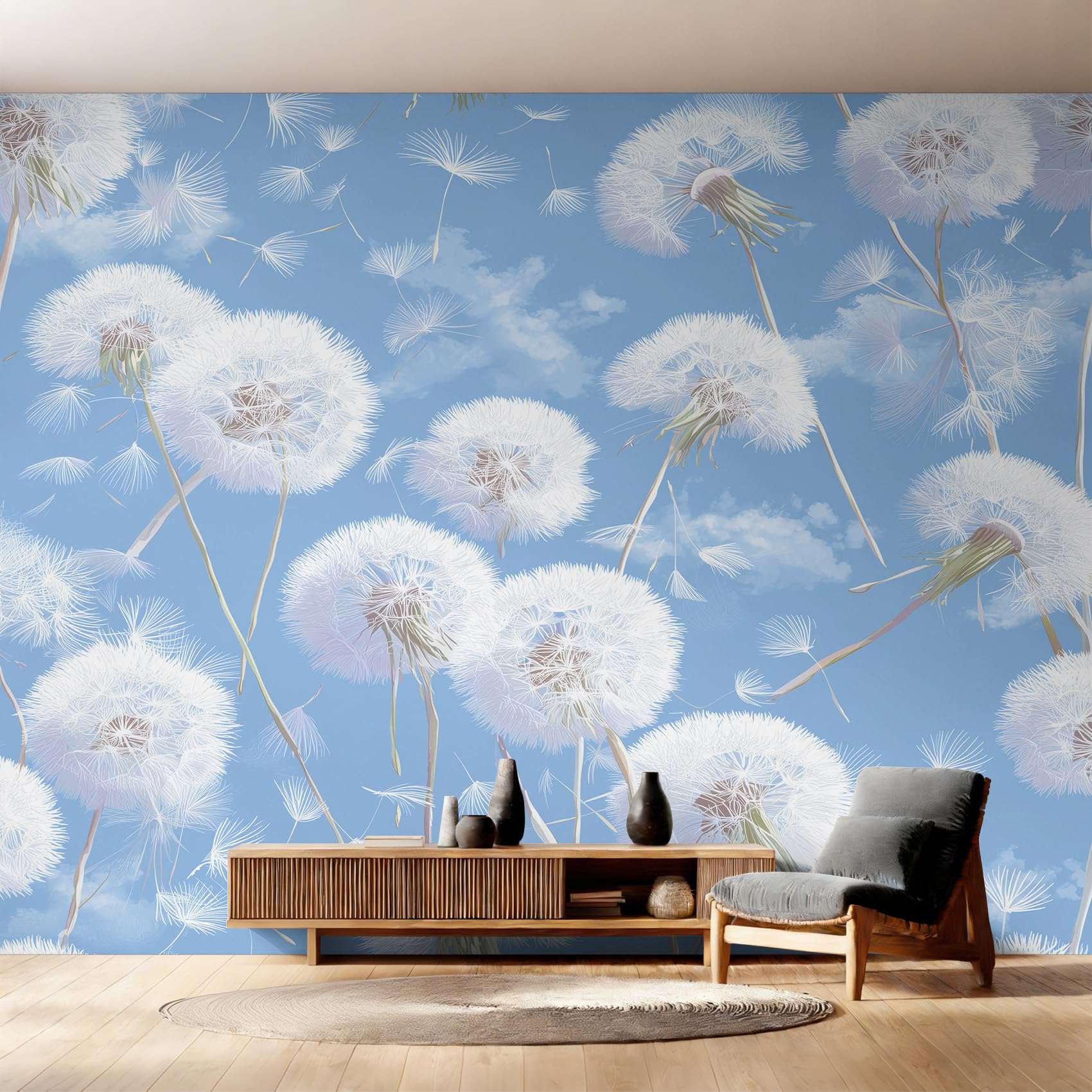 Papier peint pissenlit géant pour agrandir une pièce et cacher un mur