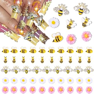 50 PCS Gold Y2k Bee Nail Charms and Gem Pink Flower Nail Design 3D Resin Cartoon Daisy Flower Nail Art Decoration Set for for Women DIY Nail