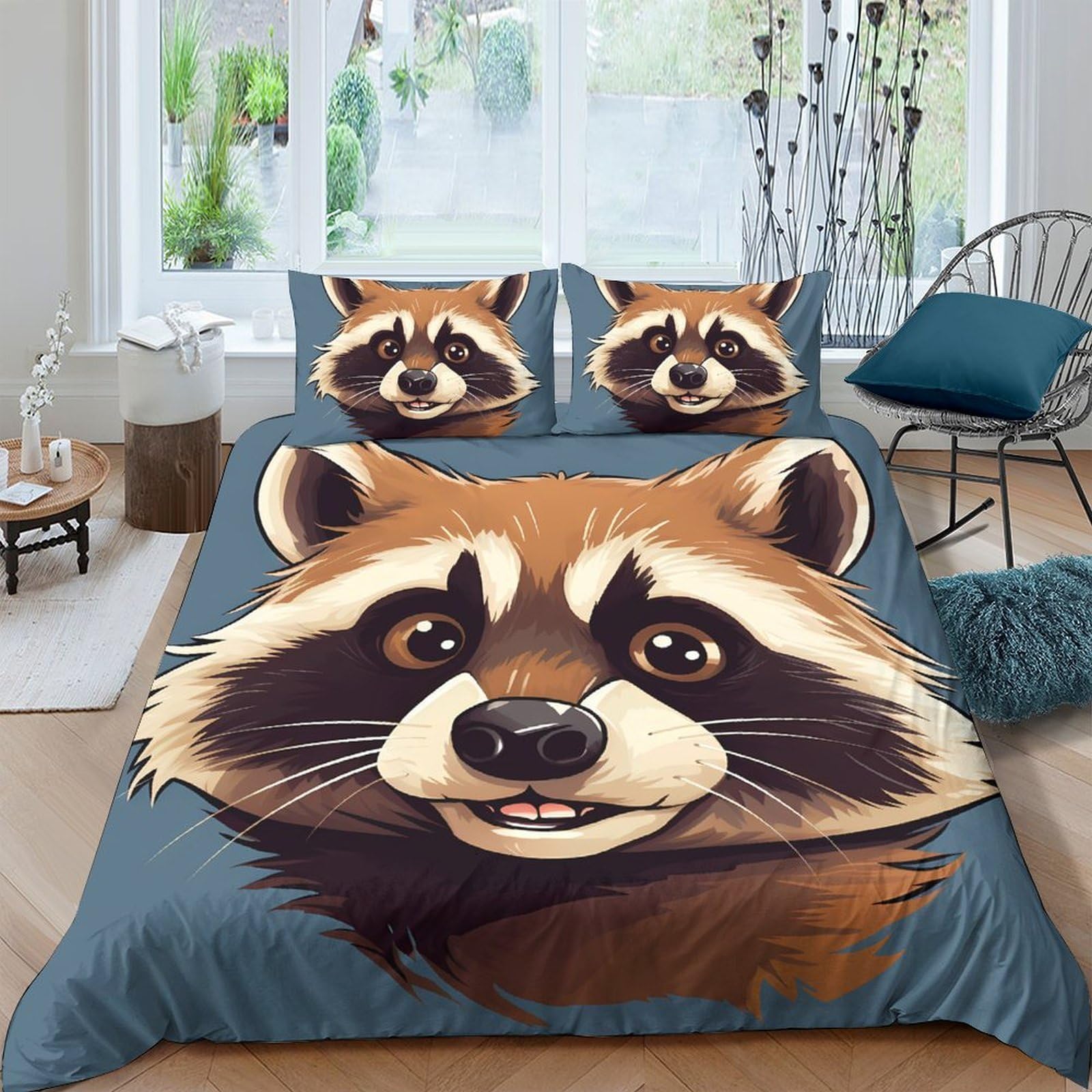 Ctjqhvkz Style-10 3D Printed Raccoon Animal Fitted Sheet Microfiber Soft Blue Cartoon Bed Cover For Bedroom Guestroom Mattress Decor Single（135X200cm）