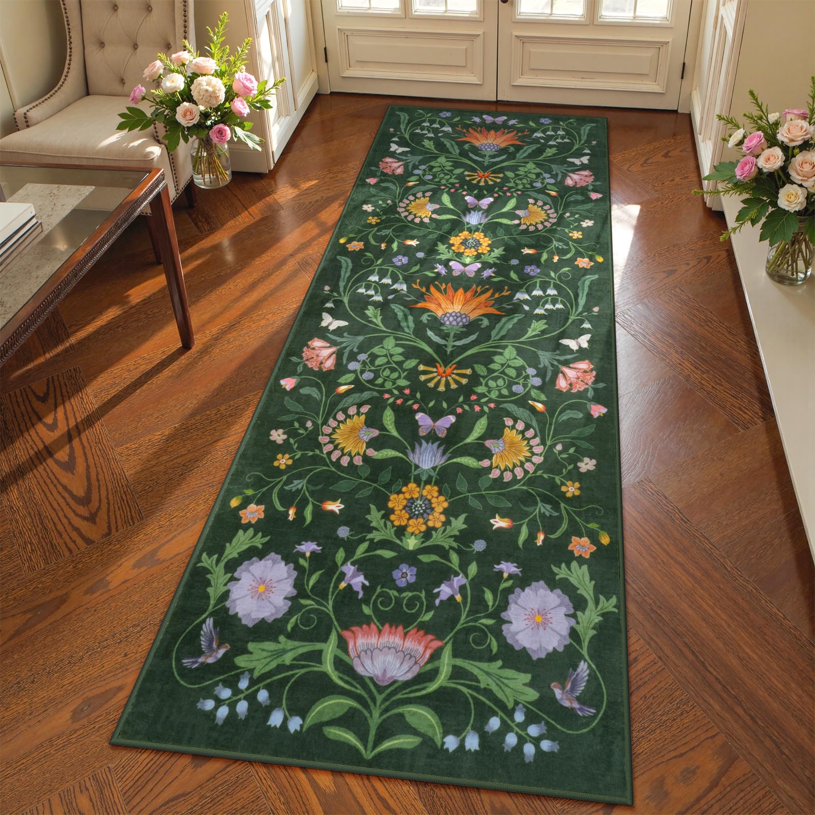 Collive Boho Floral Washable Runner Rug, 2x6 Spring Green Kitchen Runners for Hallways Non Slip, Modern Soft Bedside Rug Low Pile Entryway Carpets for