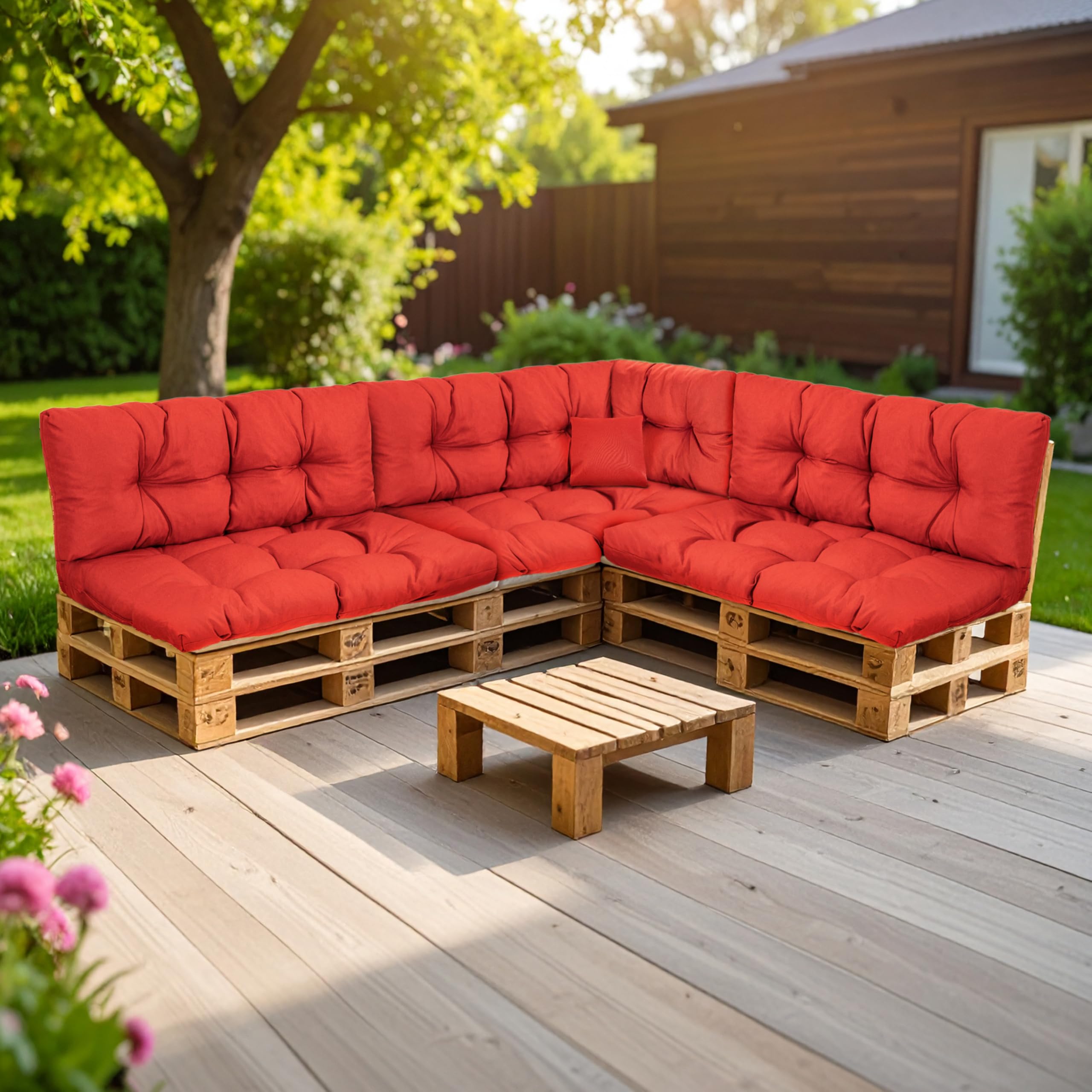 Pallet Cushion, Seat Cushion for Garden Sofa, Feather + Filling, UV-Resistant Garden Sofa Cushion for Euro Pallets, (6 Cushion Set - 2 x Back Cushions 120 x 40 cm + 2 x Seat Cushions 120 x 80 cm + 60