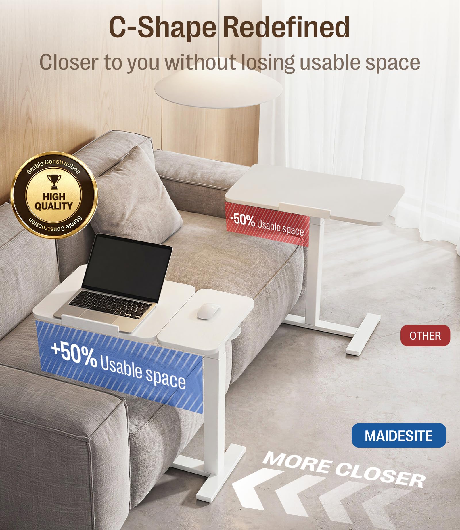 MAIDeSITe Table d’appoint en Forme C avec roulettes, Table réglable en Hauteur avec Plateau inclinable Double et butée, idéale pour Soins, Lecture et télétravail（Blanc）