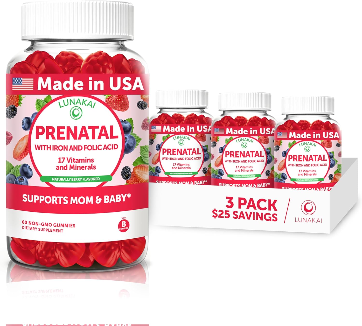 Lunakai USA Made 17-in-1 Prenatal Vitamins for Women with Iron & Folic Acid – Delicious Daily Prenatal Gummies for Maternal Wellness Support - 3 Pack