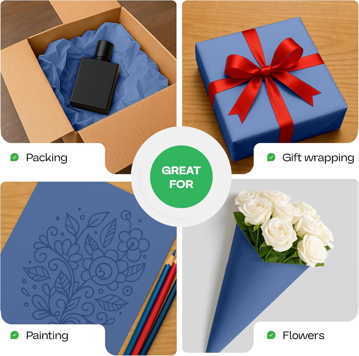 IDL Packaging 36" x 1200" (100 feet) Blue Kraft Paper Roll - USA-Made Quality Craft Paper for Gift Wrapping, Kids' Arts & Crafts, School Projects - 100% Recycled Natural Material 50lb Thickness