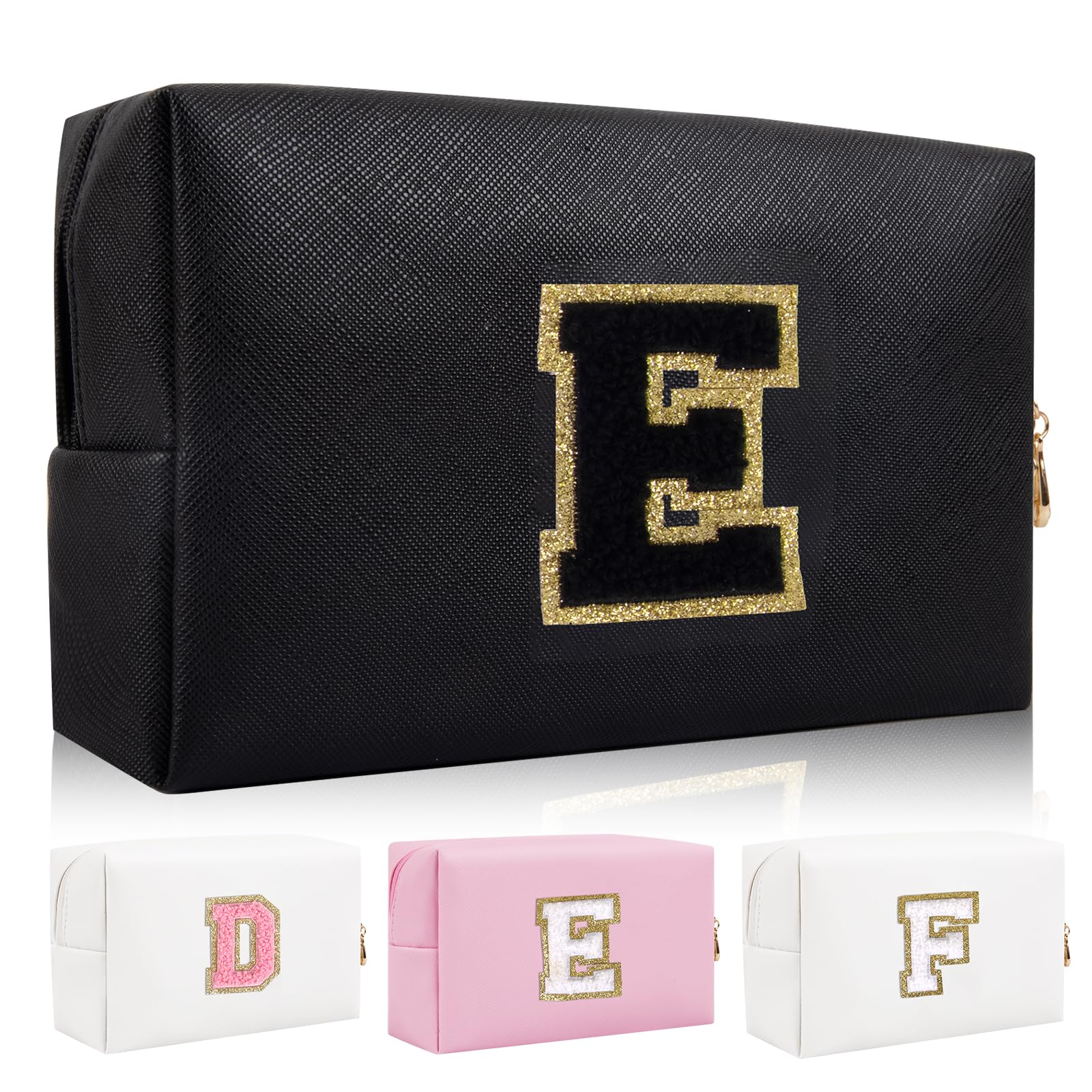 Personalized Initial Letter Patch Makeup Bag, Preppy Chenille Letter Cosmetic Pouch with Zipper, Black/Black-Letter, E, Fashion
