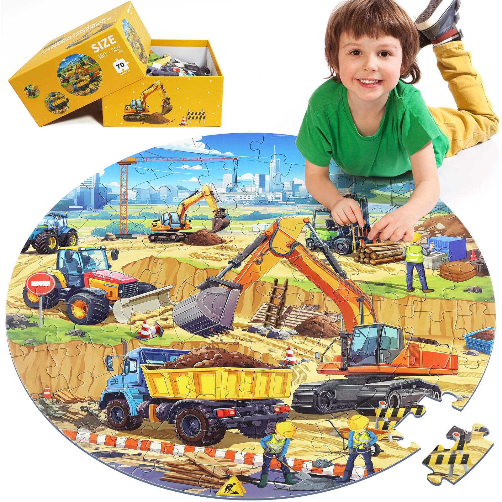Floor Puzzles for Kids Ages 4-6, Large 70 Piece Construction Puzzles for Kids Ages 6-8 with Excavator Bulldozer Forklift Dumper Truck, Building Site