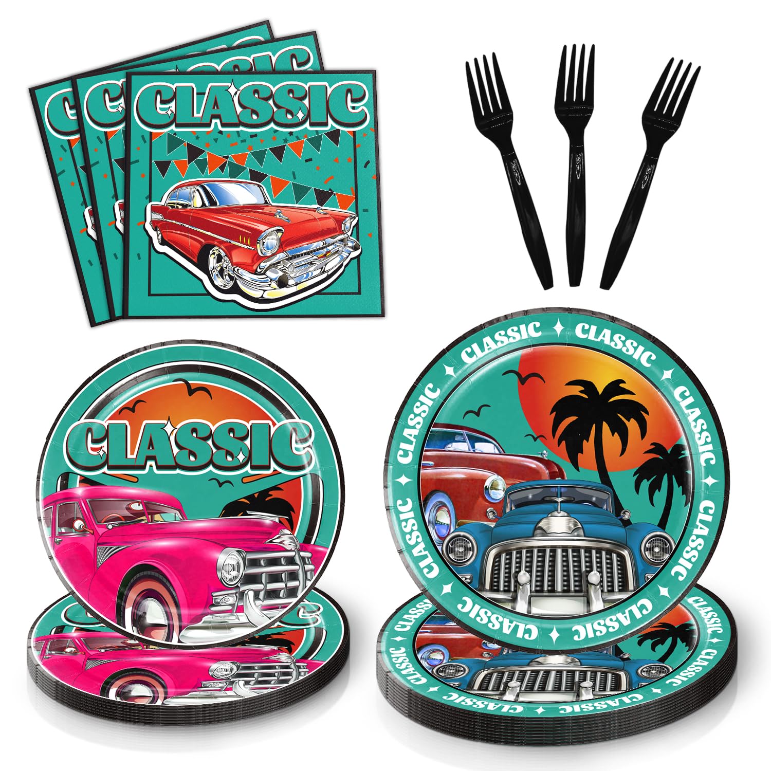 Heidaman Classic Car Paper Plates And Napkins Party Supplies，Vintage Car Party Tableware，Car Birthday Party Decorations，Include 10 9in Plate，10 7in
