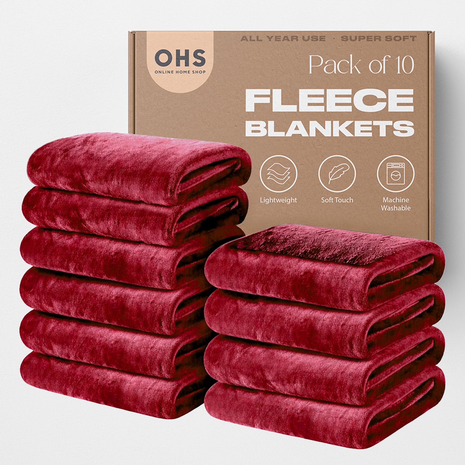 OHS Wholesale 10 x Plain Fleece Blankets Bulk Burgundy Throw, Super Soft Cosy Warm Blankets for Bed Sofas Settee Joblot Single Bed Throws Lightweight Throw Blanket, 120 x 150cm