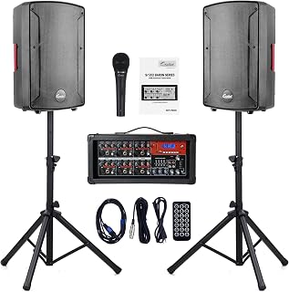 EXOTON S-1202 2000W Peak 12" Bluetooth PA System with 6-Channel Powered Mixer, Stands, Mic - Portable Indoor/Outdoor Speakers