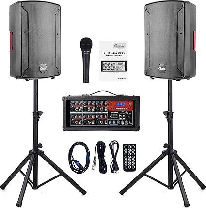 EXOTON S-1202 12inch 2000W Bluetooth PA System with Powered Mixer Set, Passive Speakers with 6 Channel Mixer/Stands/Mic/Effect Controller/ 48V Phantom Power,for Indoor&Outdoor