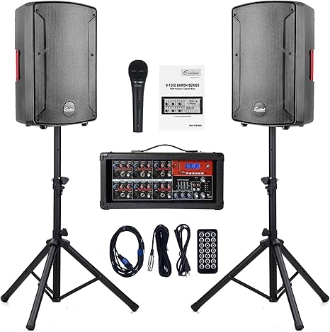 EXOTON S-1202 12inch 2000W Bluetooth PA System with Powered Mixer Set, Passive Speakers with 6 Channel Mixer/Stands/Mic/Effect Controller/ 48V Phantom Power,for Indoor&Outdoor