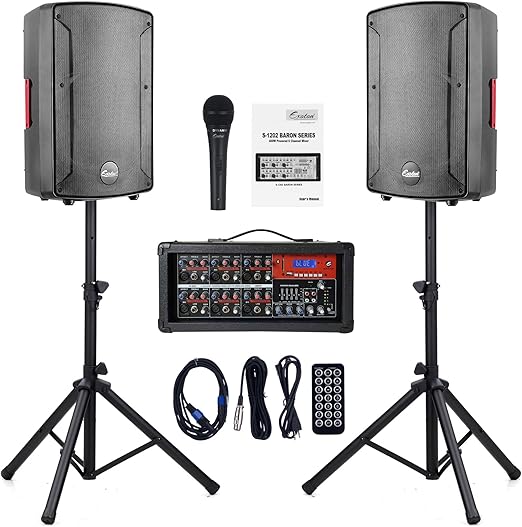 EXOTON S-1202 12inch 2000W Bluetooth PA System with Powered Mixer Set, Passive Speakers with 6 Channel Mixer/Stands/Mic/Effect Controller/ 48V Phantom Power,for Indoor&Outdoor