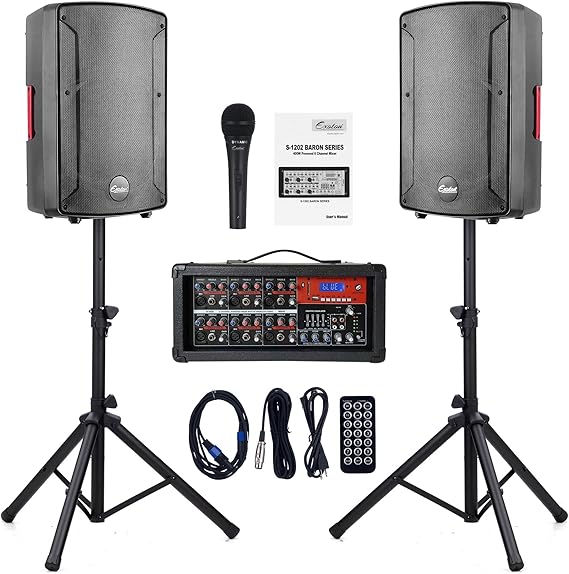 EXOTON S-1202 12inch 2000W Bluetooth PA System with Powered Mixer Set, Passive Speakers with 6 Channel Mixer/Stands/Mic/Effect Controller/ 48V Phantom Power,for Indoor&Outdoor
