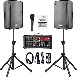 EXOTON S-1202 12inch 2000W Bluetooth PA System with Powered Mixer Set, Passive Speakers with 6 Channel Mixer/Stands/Mic/Effect Controller/ 48V Phantom Power,for Indoor&Outdoor