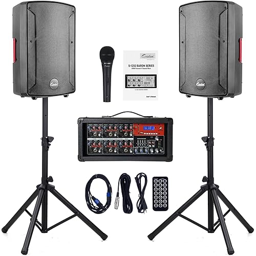 EXOTON S-1202 12inch Bluetooth PA System with Powered Mixer Set, Passive Speakers with 6 Channel Mixer/Stands/Mic/Effect Controller/ 48V Phantom Power,for Indoor&Outdoor