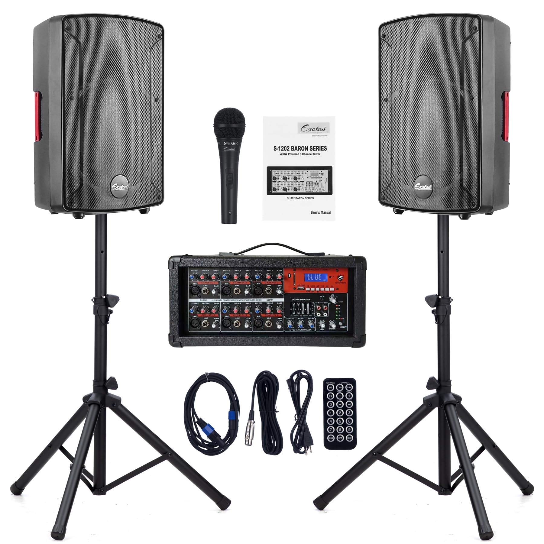 EXOTON S-1202 12inch 2000W Bluetooth PA System with Powered Mixer Set, Passive Speakers with 6 Channel Mixer/Stands/Mic/Effect Controller/ 48V Phantom Power,for Indoor&Outdoor